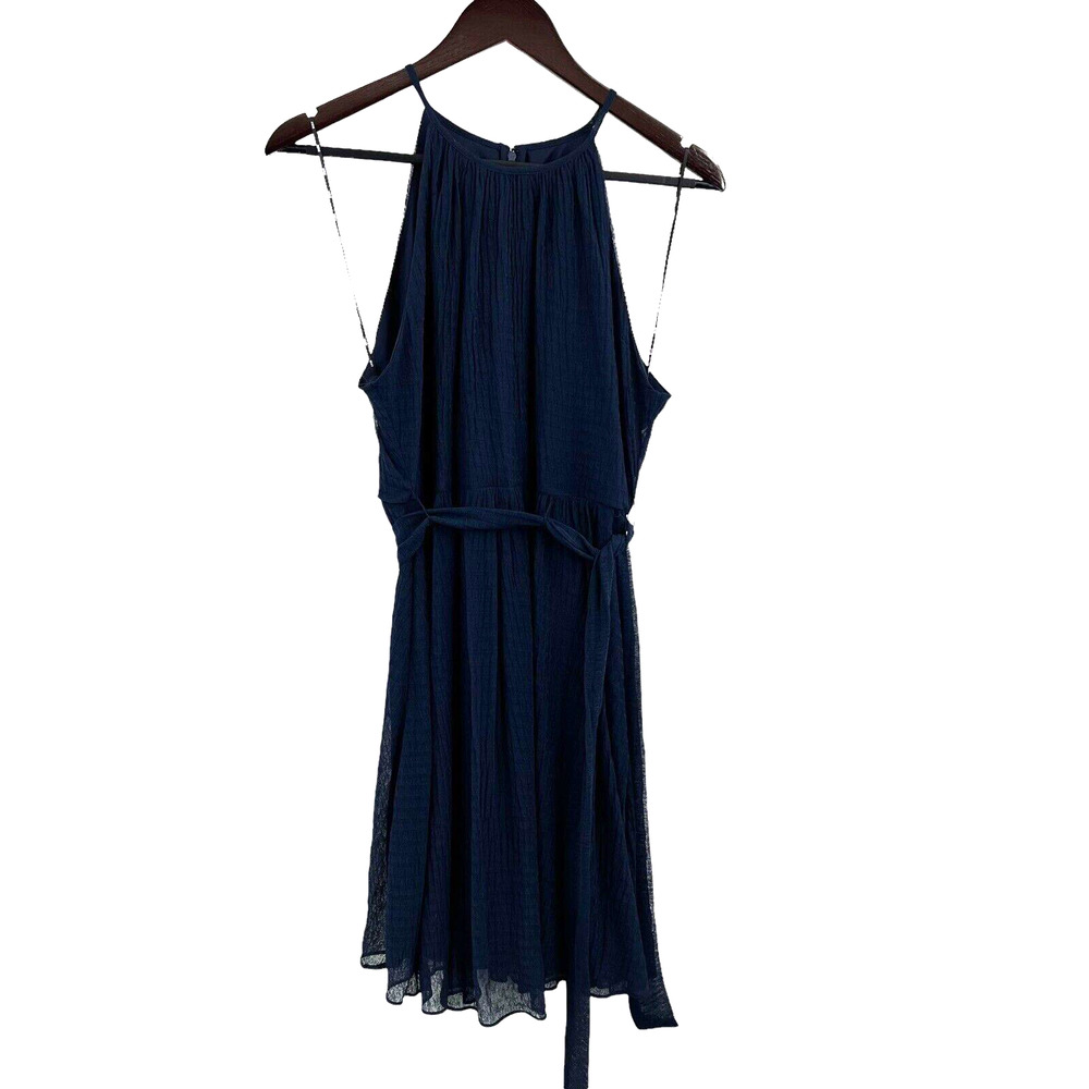 DKNY Petite Sleeveless Halter Neck Tie Waist A-Line Jacquard Dress Navy 8P New